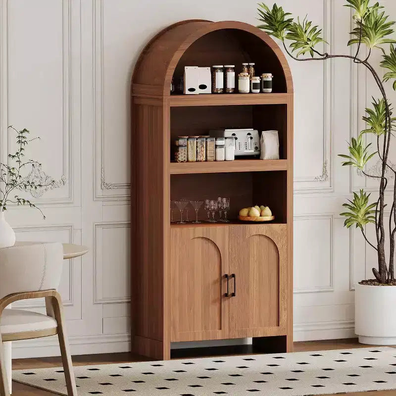 Bibliothèque haute arquée de 180 cm, bibliothèque arquée 5 niveaux style scandinave avec portes, 3 étagères ouvertes et étagère réglable, pour cuisine, salon, bureau