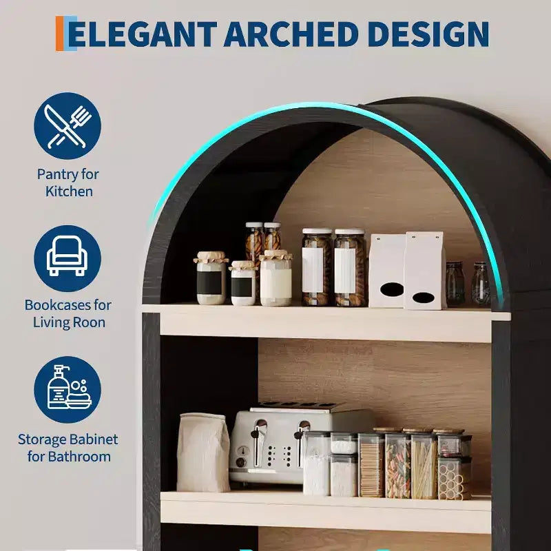 Bibliothèque haute arquée de 180 cm, bibliothèque arquée 5 niveaux style scandinave avec portes, 3 étagères ouvertes et étagère réglable, pour cuisine, salon, bureau