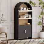Bibliothèque haute arquée de 180 cm, bibliothèque arquée 5 niveaux style scandinave avec portes, 3 étagères ouvertes et étagère réglable, pour cuisine, salon, bureau