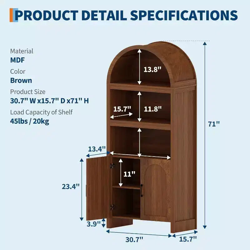 Bibliothèque haute arquée de 180 cm, bibliothèque arquée 5 niveaux style scandinave avec portes, 3 étagères ouvertes et étagère réglable, pour cuisine, salon, bureau