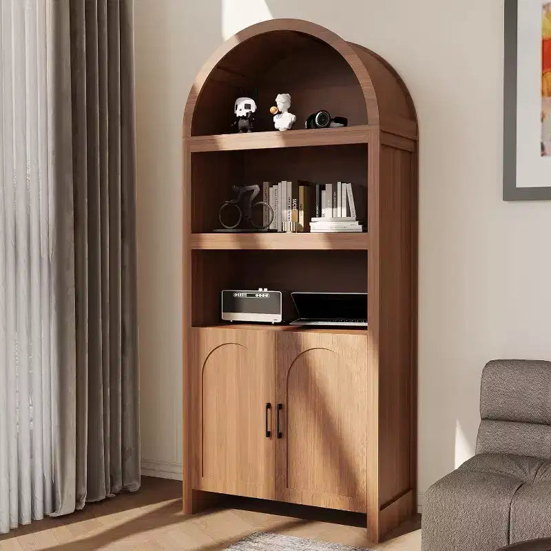 Bibliothèque haute arquée de 180 cm, bibliothèque arquée 5 niveaux style scandinave avec portes, 3 étagères ouvertes et étagère réglable, pour cuisine, salon, bureau