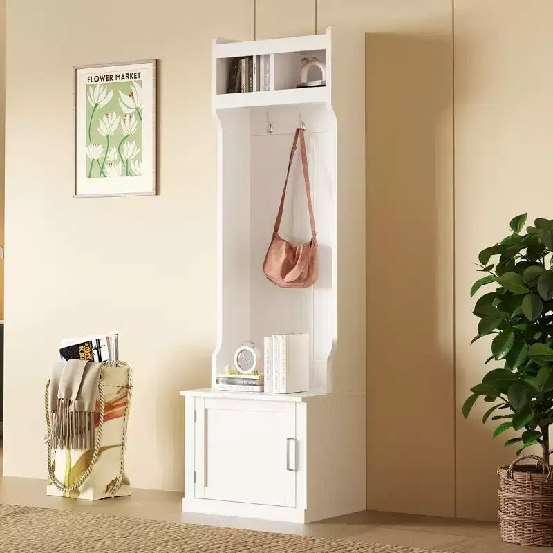 Vestiaire d'entrée fin et minimaliste avec armoire et 6 patères, banc de rangement multifonctionnel avec portemanteau, élégant meuble d'entrée