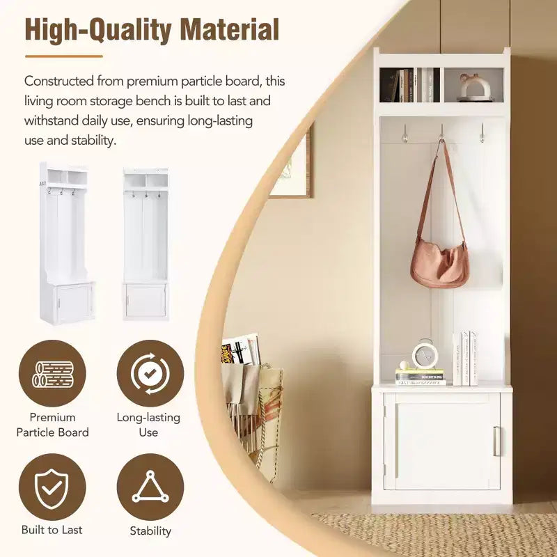 Vestiaire d'entrée fin et minimaliste avec armoire et 6 patères, banc de rangement multifonctionnel avec portemanteau, élégant meuble d'entrée