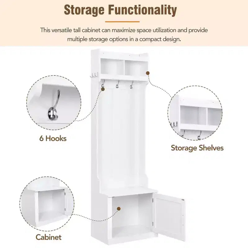 Vestiaire d'entrée fin et minimaliste avec armoire et 6 patères, banc de rangement multifonctionnel avec portemanteau, élégant meuble d'entrée