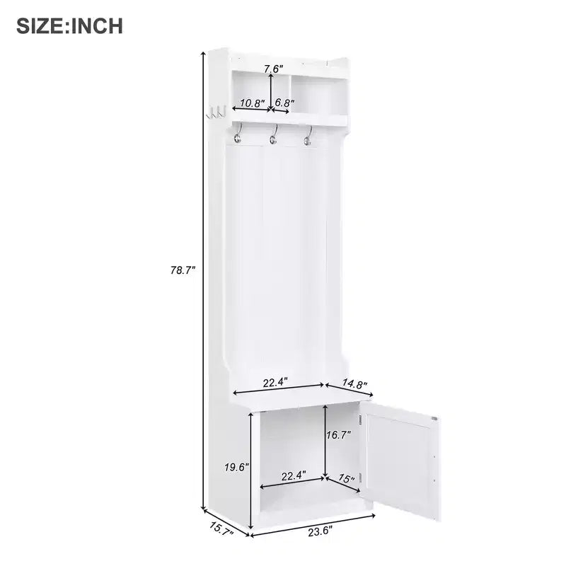Vestiaire d'entrée fin et minimaliste avec armoire et 6 patères, banc de rangement multifonctionnel avec portemanteau, élégant meuble d'entrée