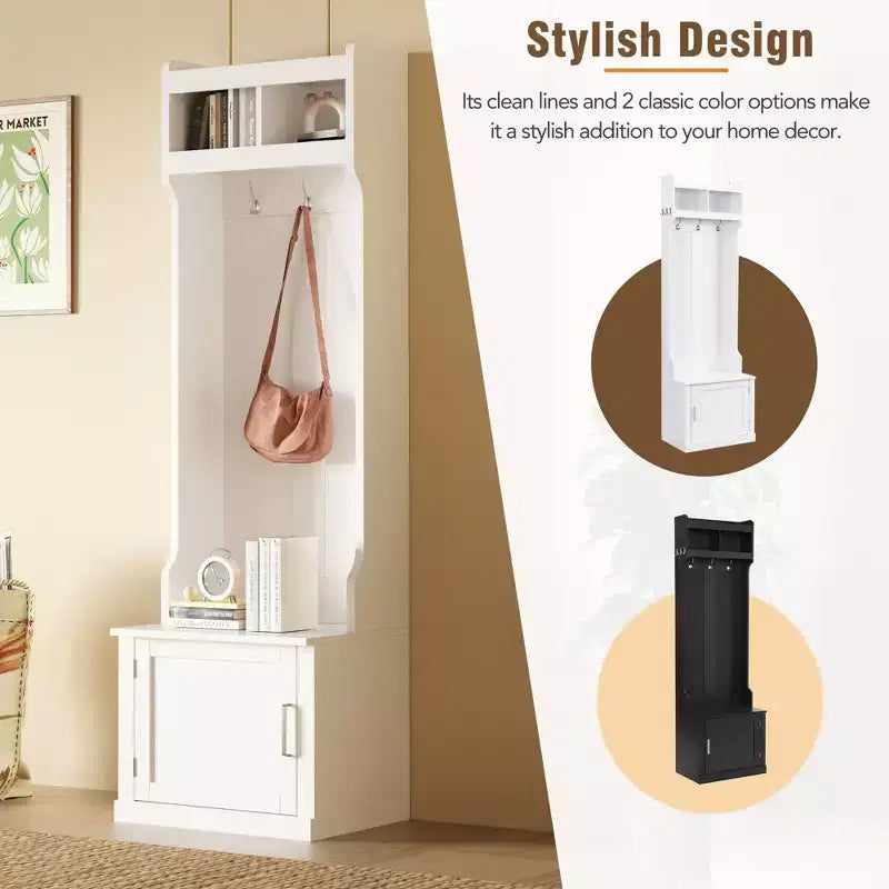 Vestiaire d'entrée fin et minimaliste avec armoire et 6 patères, banc de rangement multifonctionnel avec portemanteau, élégant meuble d'entrée