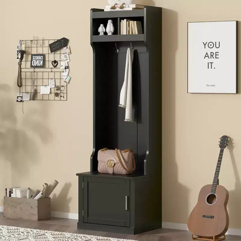 Vestiaire d'entrée fin et minimaliste avec armoire et 6 patères, banc de rangement multifonctionnel avec portemanteau, élégant meuble d'entrée