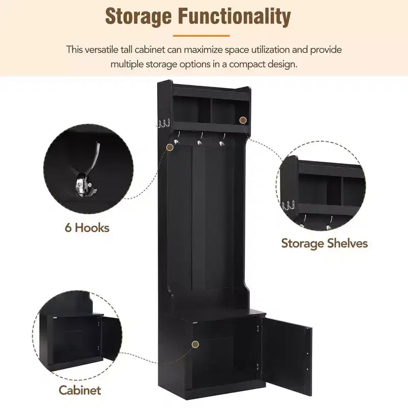 Vestiaire d'entrée fin et minimaliste avec armoire et 6 patères, banc de rangement multifonctionnel avec portemanteau, élégant meuble d'entrée