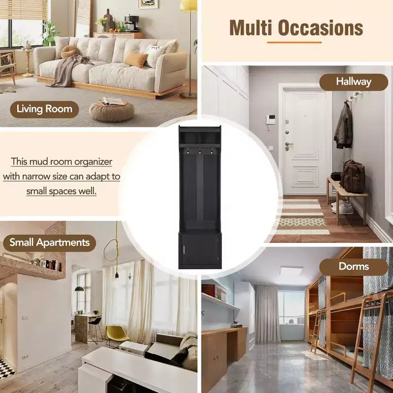 Vestiaire d'entrée fin et minimaliste avec armoire et 6 patères, banc de rangement multifonctionnel avec portemanteau, élégant meuble d'entrée