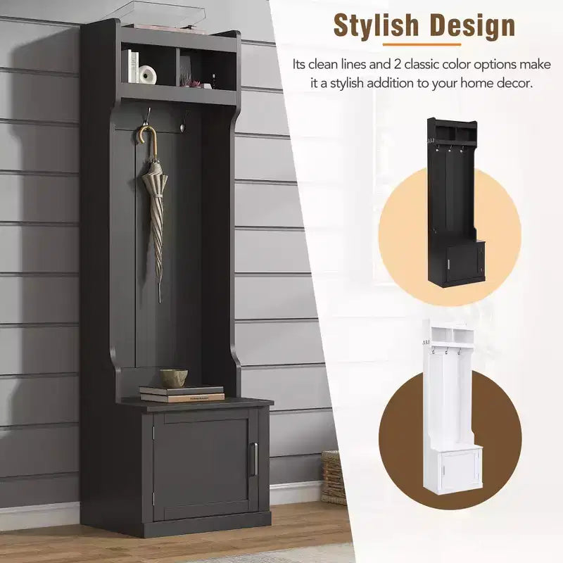 Vestiaire d'entrée fin et minimaliste avec armoire et 6 patères, banc de rangement multifonctionnel avec portemanteau, élégant meuble d'entrée