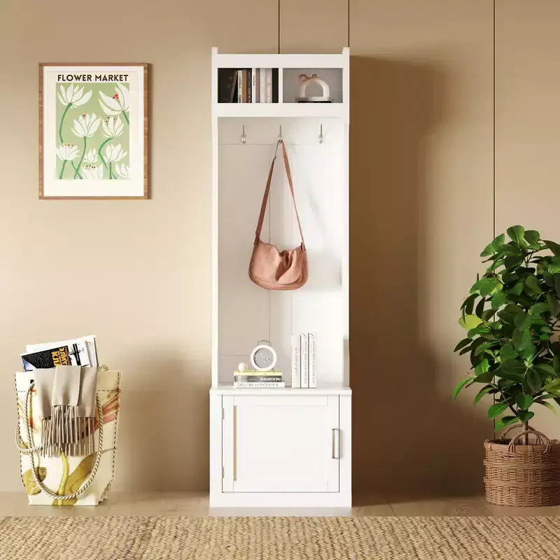 Vestiaire d'entrée fin et minimaliste avec armoire et 6 patères, banc de rangement multifonctionnel avec portemanteau, élégant meuble d'entrée