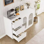 Buffet de 48 po avec 3 tiroirs, portes vitrées et lumières LED, meuble de rangement moderne pour bar à café, cuisine et salle à manger