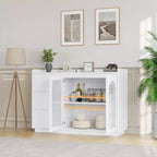 Buffet de 48 po avec 3 tiroirs, portes vitrées et lumières LED, meuble de rangement moderne pour bar à café, cuisine et salle à manger