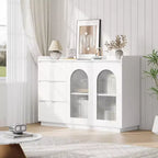 Buffet de 48 po avec 3 tiroirs, portes vitrées et lumières LED, meuble de rangement moderne pour bar à café, cuisine et salle à manger