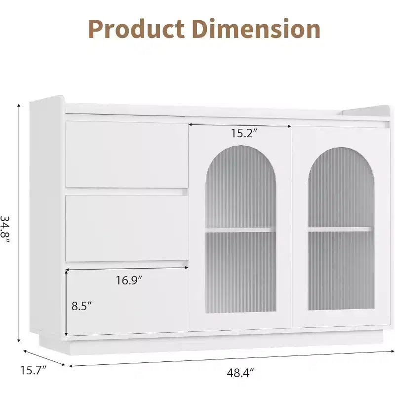 Buffet de 48 po avec 3 tiroirs, portes vitrées et lumières LED, meuble de rangement moderne pour bar à café, cuisine et salle à manger