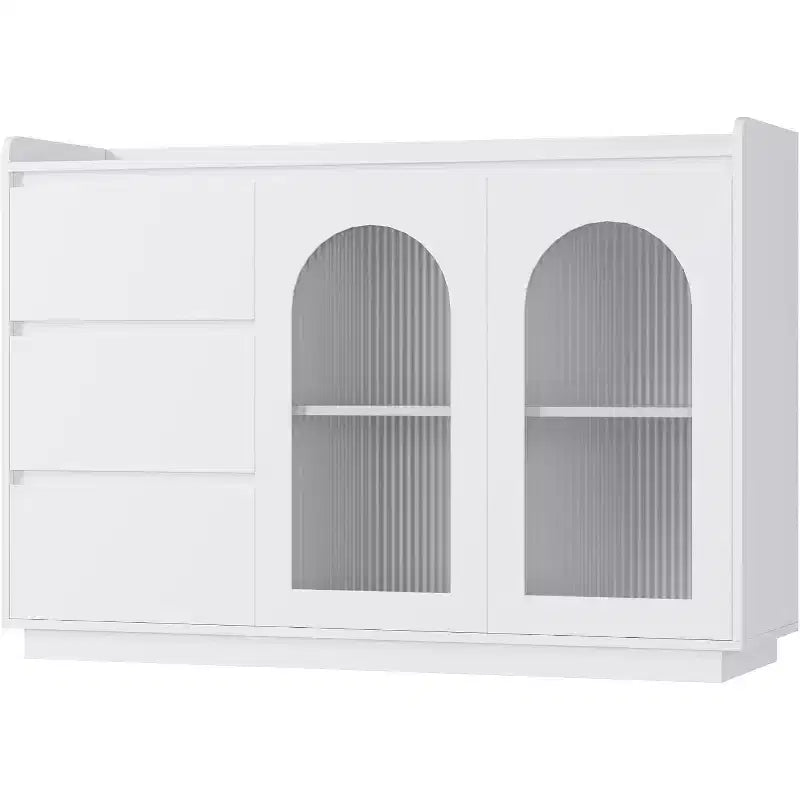 Buffet de 48 po avec 3 tiroirs, portes vitrées et lumières LED, meuble de rangement moderne pour bar à café, cuisine et salle à manger