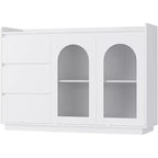 Buffet de 48 po avec 3 tiroirs, portes vitrées et lumières LED, meuble de rangement moderne pour bar à café, cuisine et salle à manger