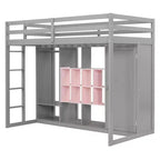 Lit mezzanine enfant avec armoire et étagères, Cadre de lit mezzanine en bois avec meuble de rangement pour enfants et adolescents