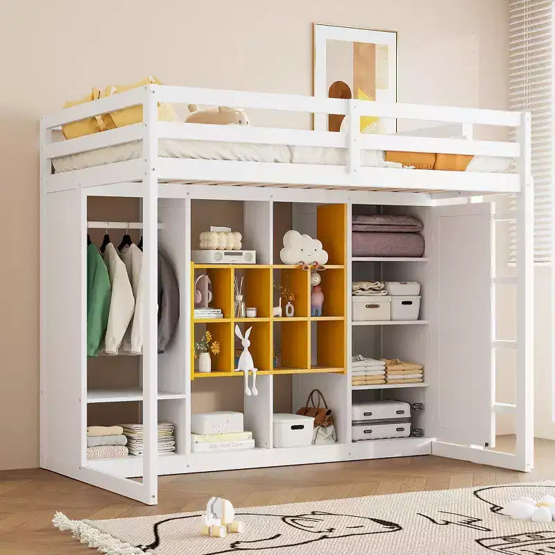 Lit mezzanine enfant avec armoire et étagères, Cadre de lit mezzanine en bois avec meuble de rangement pour enfants et adolescents