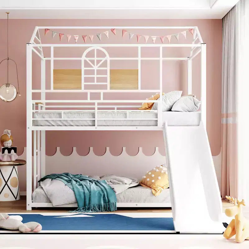 Bellemave Twin Over Twin Bunk Bed with Slide and Ladder, House Floor Bunk Bed with Guardrails and Shelf, White