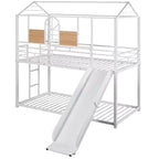 Lit superposé jumeau sur jumeau avec toboggan et échelle, lit superposé au sol en forme de maison avec garde-corps et étagère, blanc