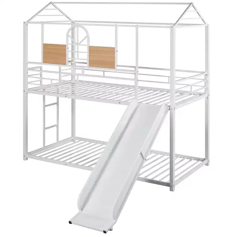 Lit superposé jumeau sur jumeau avec toboggan et échelle, lit superposé au sol en forme de maison avec garde-corps et étagère, blanc
