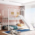 Lit superposé jumeau sur jumeau avec toboggan et échelle, lit superposé au sol en forme de maison avec garde-corps et étagère, blanc