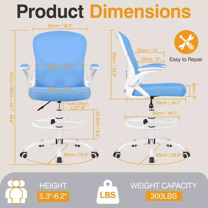 Chaise de bureau haute ergonomique, chaise d'ordinateur avec soutien lombaire, chaise de bureau pivotante à roulettes, bleue