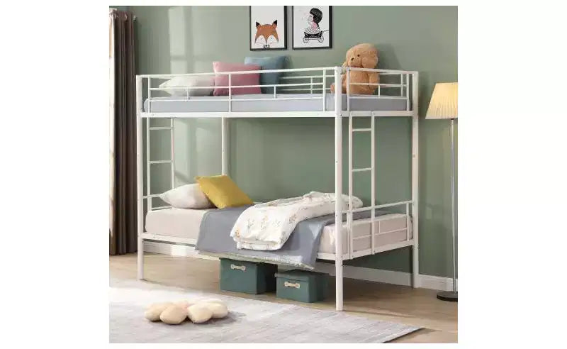 Lit superposé jumeau sur jumeau avec 2 échelles latérales et garde-corps pleine longueur, lit superposé convertible pour enfants et adolescents, blanc