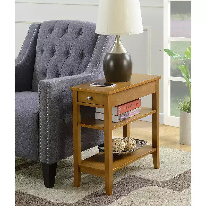 HomeStock Belmont Three Tier End Table with Hidden Storage Drawer, Two Shelves and Nickel Knob Perfect for Organizing Essentials