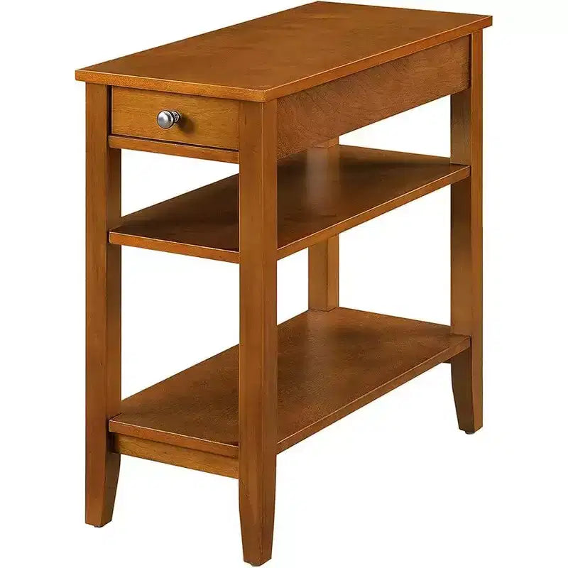 Table d'appoint à trois niveaux avec tiroir de rangement dissimulé, deux étagères et bouton nickelé, parfaite pour organiser l'essentiel
