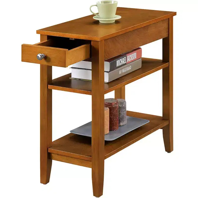 Table d'appoint à trois niveaux avec tiroir de rangement dissimulé, deux étagères et bouton nickelé, parfaite pour organiser l'essentiel