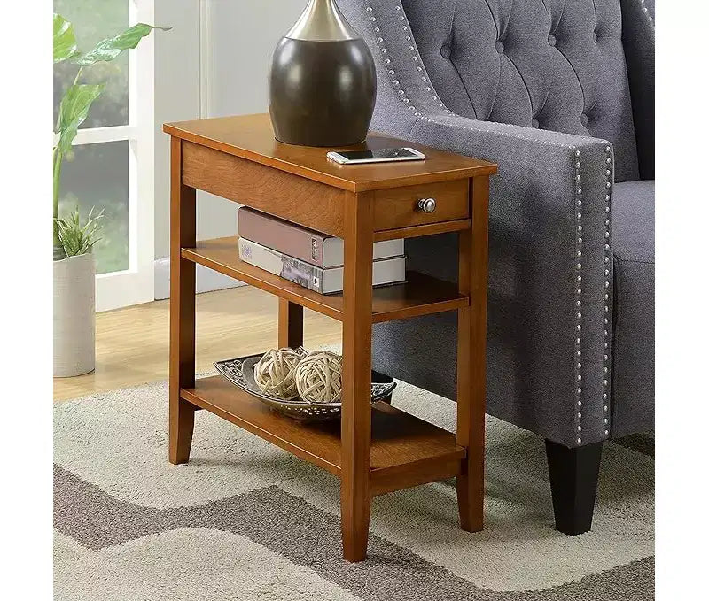 Table d'appoint à trois niveaux avec tiroir de rangement dissimulé, deux étagères et bouton nickelé, parfaite pour organiser l'essentiel
