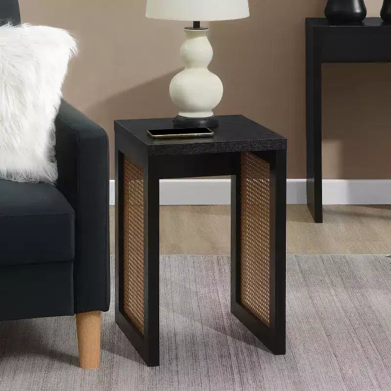 HomeStock Belmont Square End Table with Woven Rattan Panel Sides and Modern Boho Design for Living Room or Bedroom