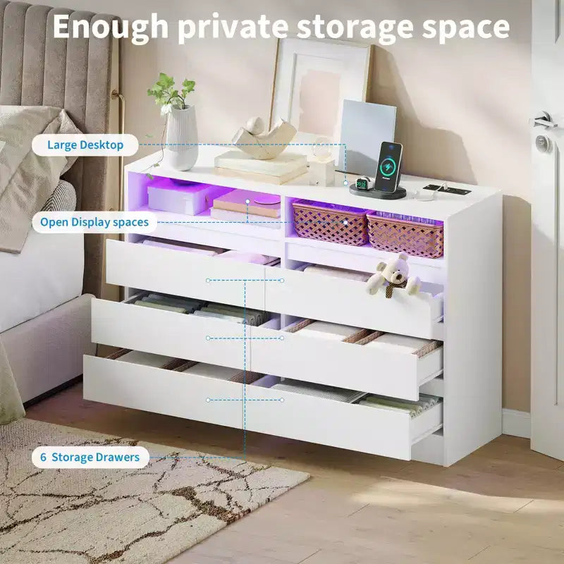 Commode moderne à 6 tiroirs avec éclairage d'ambiance, commode de rangement avec accès électrique, commode de chambre à coucher au design flottant