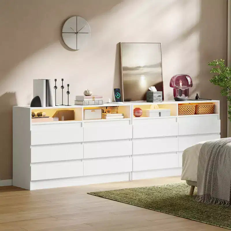 Commode moderne à 6 tiroirs avec éclairage d'ambiance, commode de rangement avec accès électrique, commode de chambre à coucher au design flottant