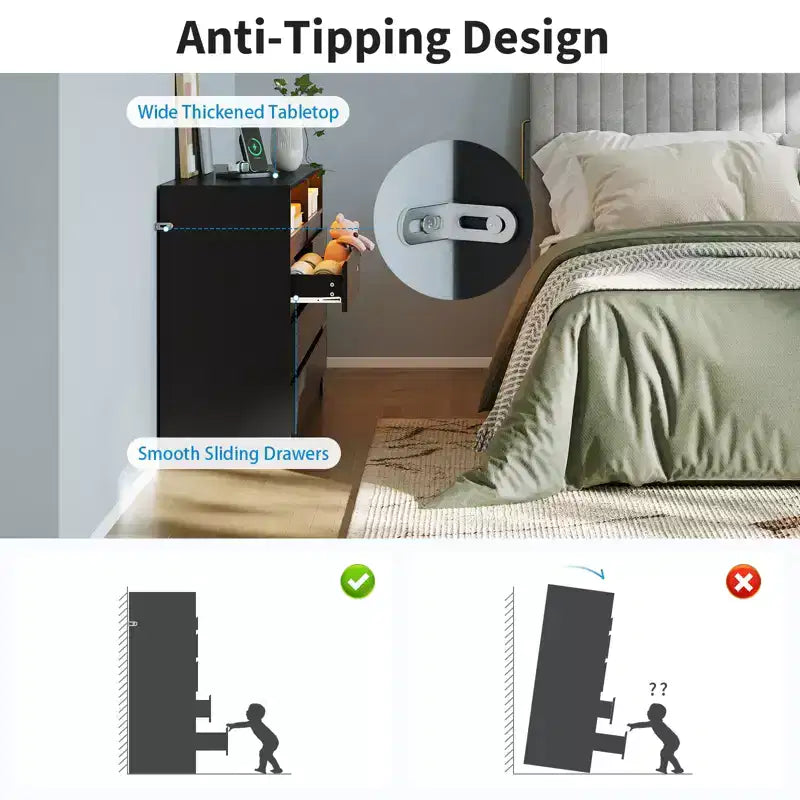 Commode moderne à 6 tiroirs avec éclairage d'ambiance, commode de rangement avec accès électrique, commode de chambre à coucher au design flottant