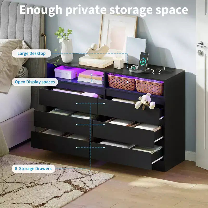 Commode moderne à 6 tiroirs avec éclairage d'ambiance, commode de rangement avec accès électrique, commode de chambre à coucher au design flottant
