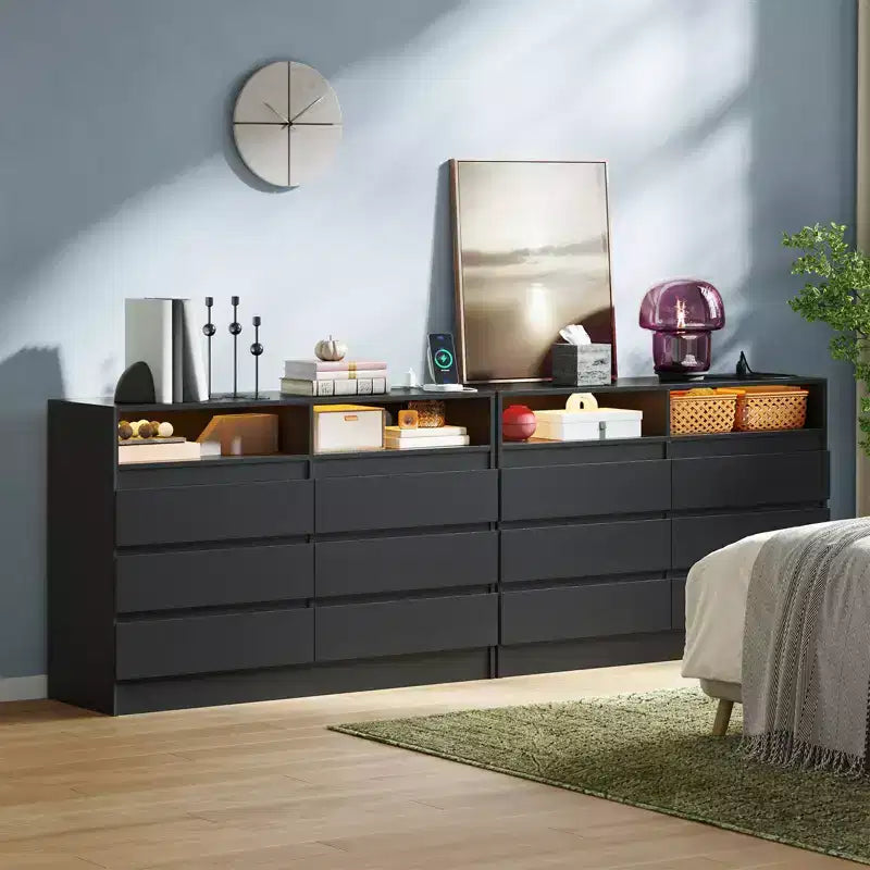 Commode moderne à 6 tiroirs avec éclairage d'ambiance, commode de rangement avec accès électrique, commode de chambre à coucher au design flottant