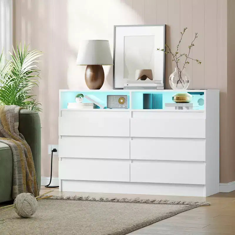Commode moderne à 6 tiroirs avec éclairage d'ambiance, commode de rangement avec accès électrique, commode de chambre à coucher au design flottant