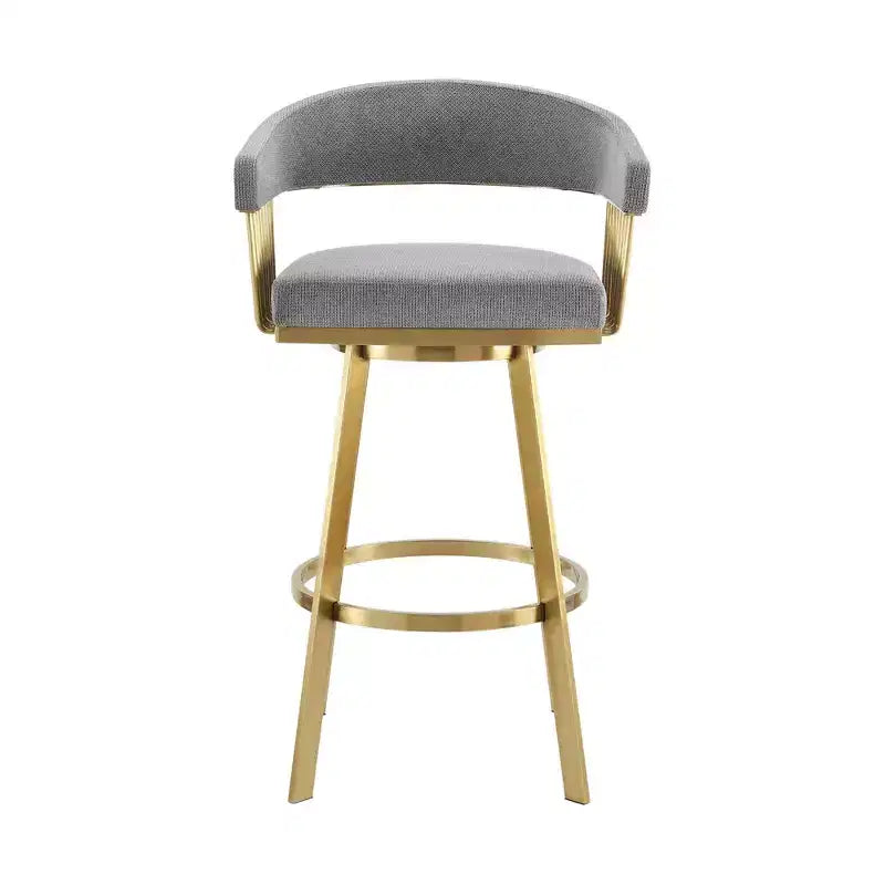 HomeRoots 30 Gray and Gold Fabric and Stainless Steel Low Back Bar Height Swivel Bar Chair