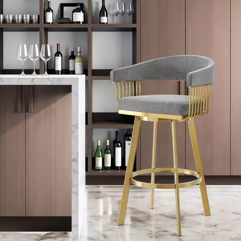 Tabouret de bar pivotant à dossier bas en tissu gris et doré et acier inoxydable, hauteur bar