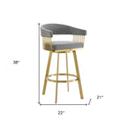 Tabouret de bar pivotant à dossier bas en tissu gris et doré et acier inoxydable, hauteur bar