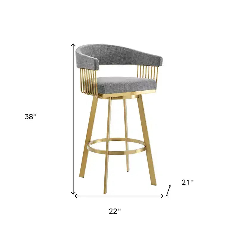 Tabouret de bar pivotant à dossier bas en tissu gris et doré et acier inoxydable, hauteur bar
