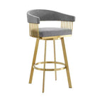 Tabouret de bar pivotant à dossier bas en tissu gris et doré et acier inoxydable, hauteur bar