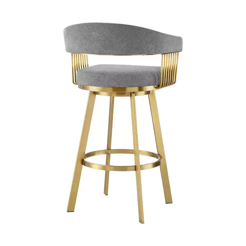 Tabouret de bar pivotant à dossier bas en tissu gris et doré et acier inoxydable, hauteur bar