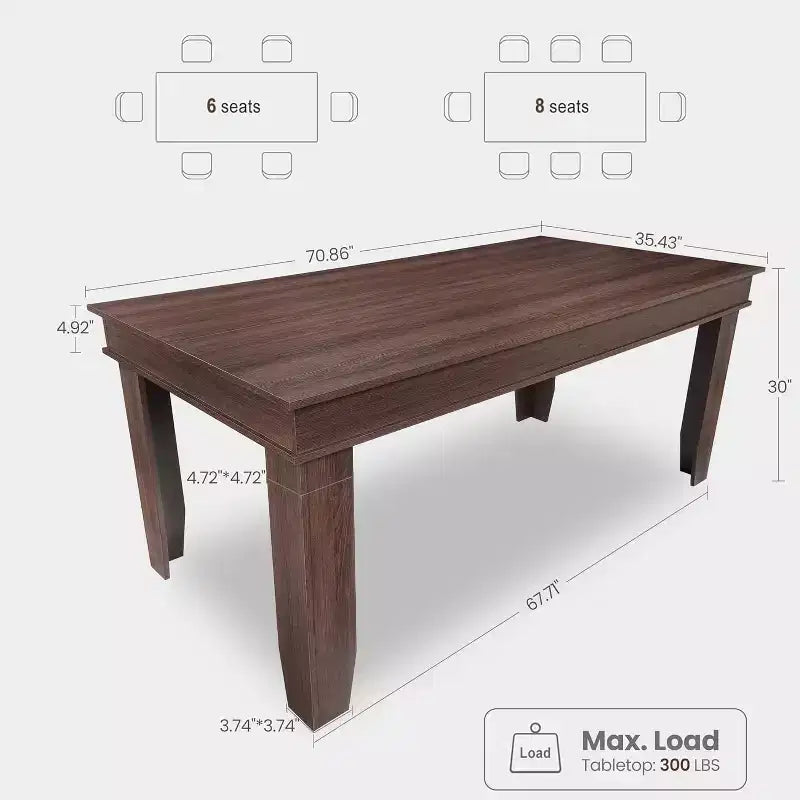 Table de salle à manger pour 6 à 8 personnes, table de 180 cm de long avec cadre en bois robuste, grande table à manger rectangulaire pour salon, cuisine, salle à manger