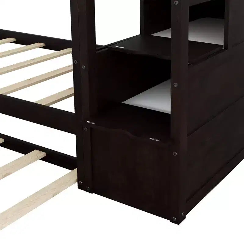Lits superposés jumeaux avec tiroir gigogne et escalier de rangement, lits superposés en bois avec garde-corps pleine longueur