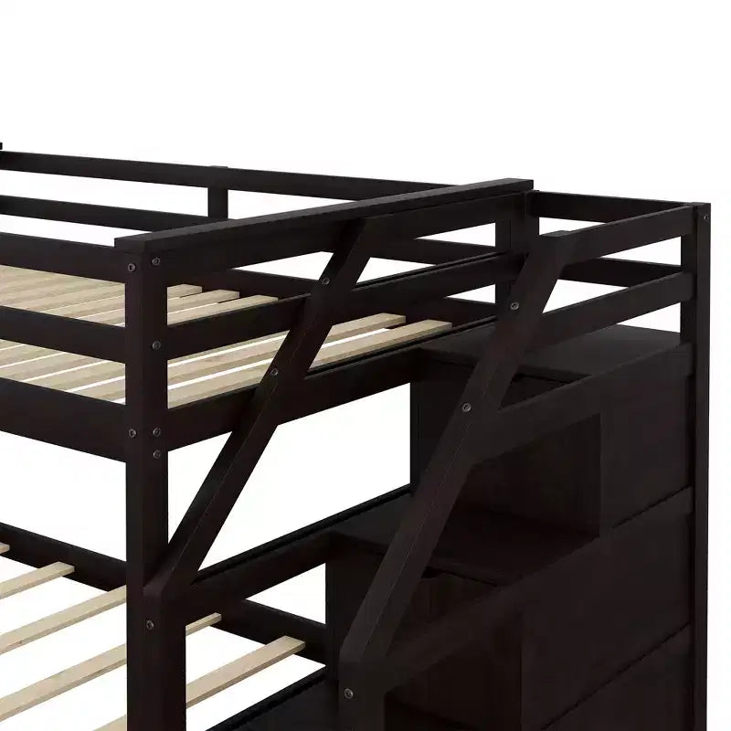 Lits superposés jumeaux avec tiroir gigogne et escalier de rangement, lits superposés en bois avec garde-corps pleine longueur