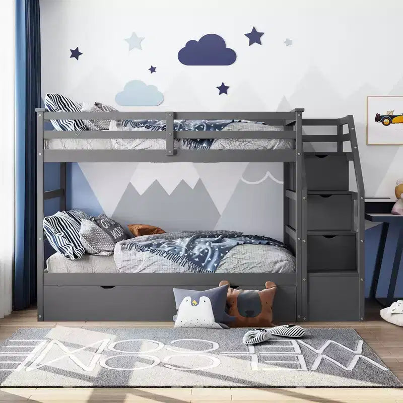 Lits superposés jumeaux avec tiroir gigogne et escalier de rangement, lits superposés en bois avec garde-corps pleine longueur